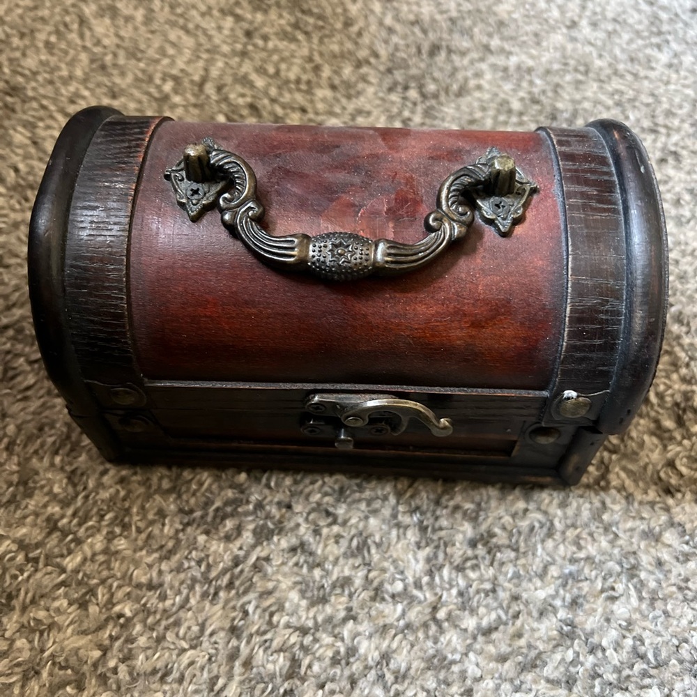 Small Wooden Treasure Chest Jewelry Box - Brown with Antique Brass Hardware